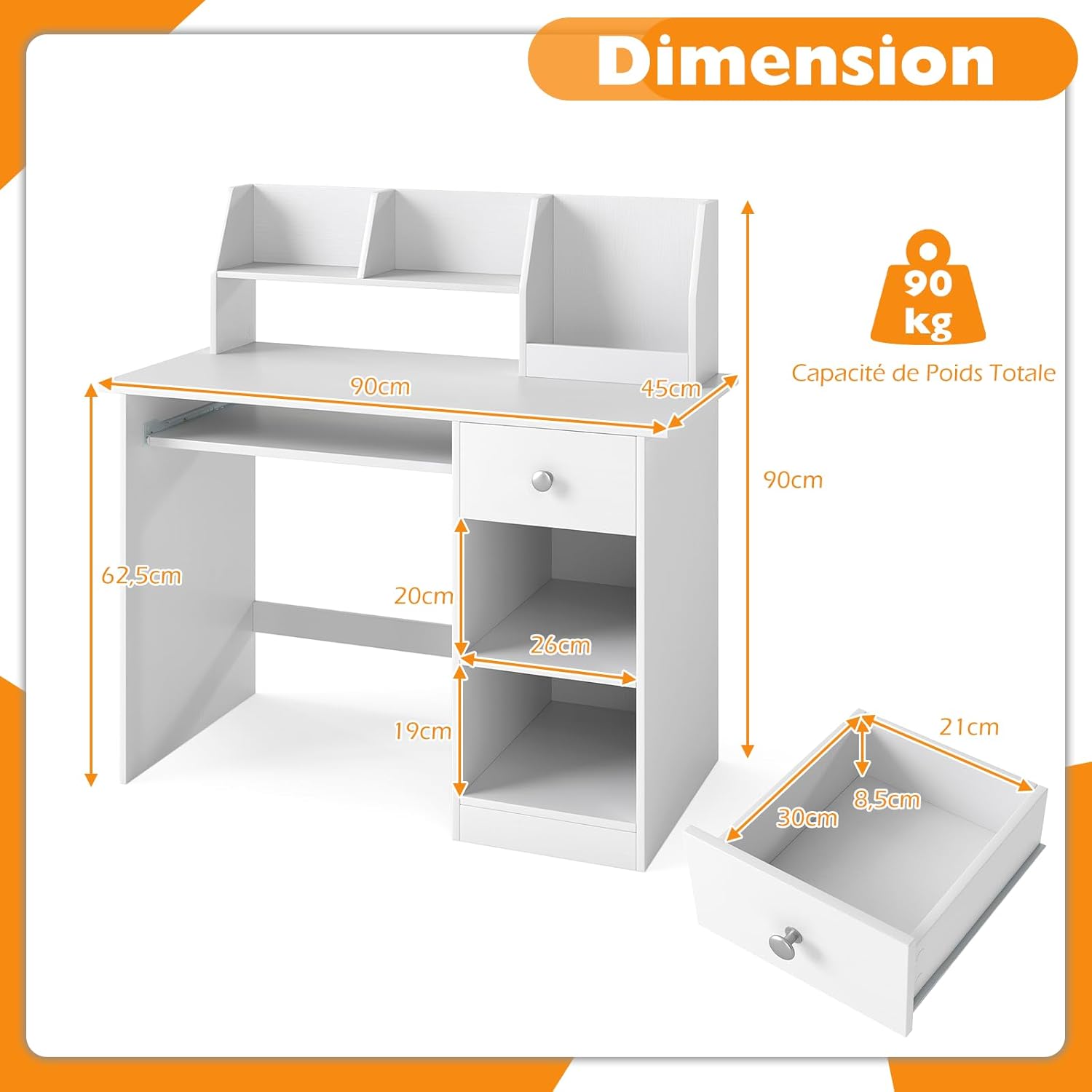 3 en 1 Bureau Enfant 90 x 45 x 90CM avec Rangement, 1 Tiroir 2 Étagères, Table Enfant en Bois avec Plateau à Clavier, Blanc - 3