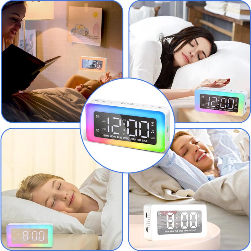 Réveil Numérique avec 2 Alarmes, Miroir Horloge Numérique LED avec 8 Modes Lumière, Snooze, Aide