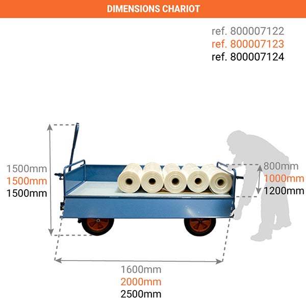 Chariot à train avant pivotant 1000kg - 2 dossiers 2 ridelles en tôles - Plateau 2000x1000mm - 800007123 - 2