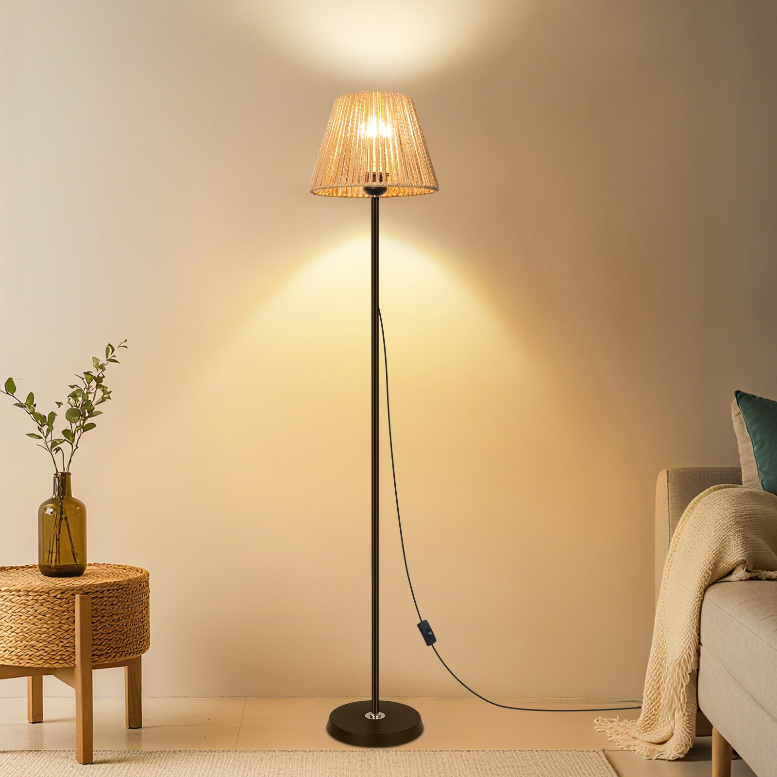 LOVHAUS Lampadaire Avec Abat-Jour En Rotin Tressé Avec Interrupteur Marche/Arrêt - 22 x 140CM - 6