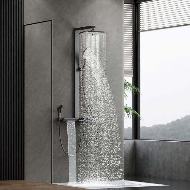 HOROW RainFlexi N2 Système de douche avec thermostat, ensemble de douche effet pluie gris, avec 2 douchettes, 30x20 cm grande douche de tête