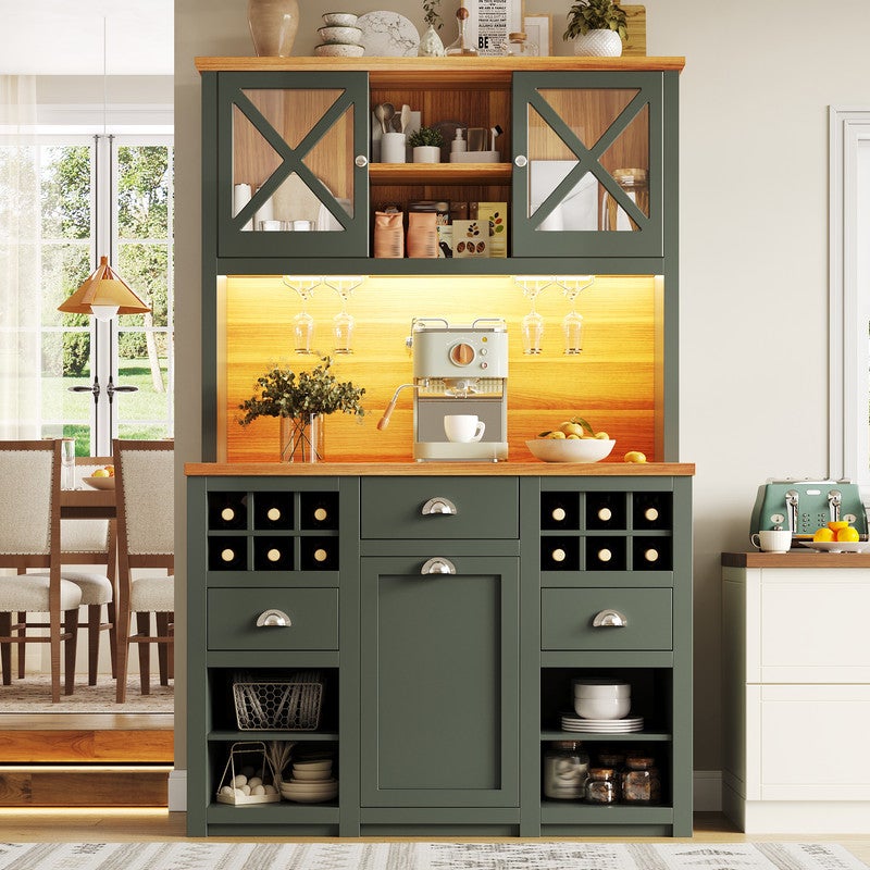 Buffet de Cuisine Haut avec LED et Portes Vitrées, Armoire de Rangement 120x45x188 cm, Meuble de Rangeement avec Prise et USB, Casier à Vin, Vert - 3