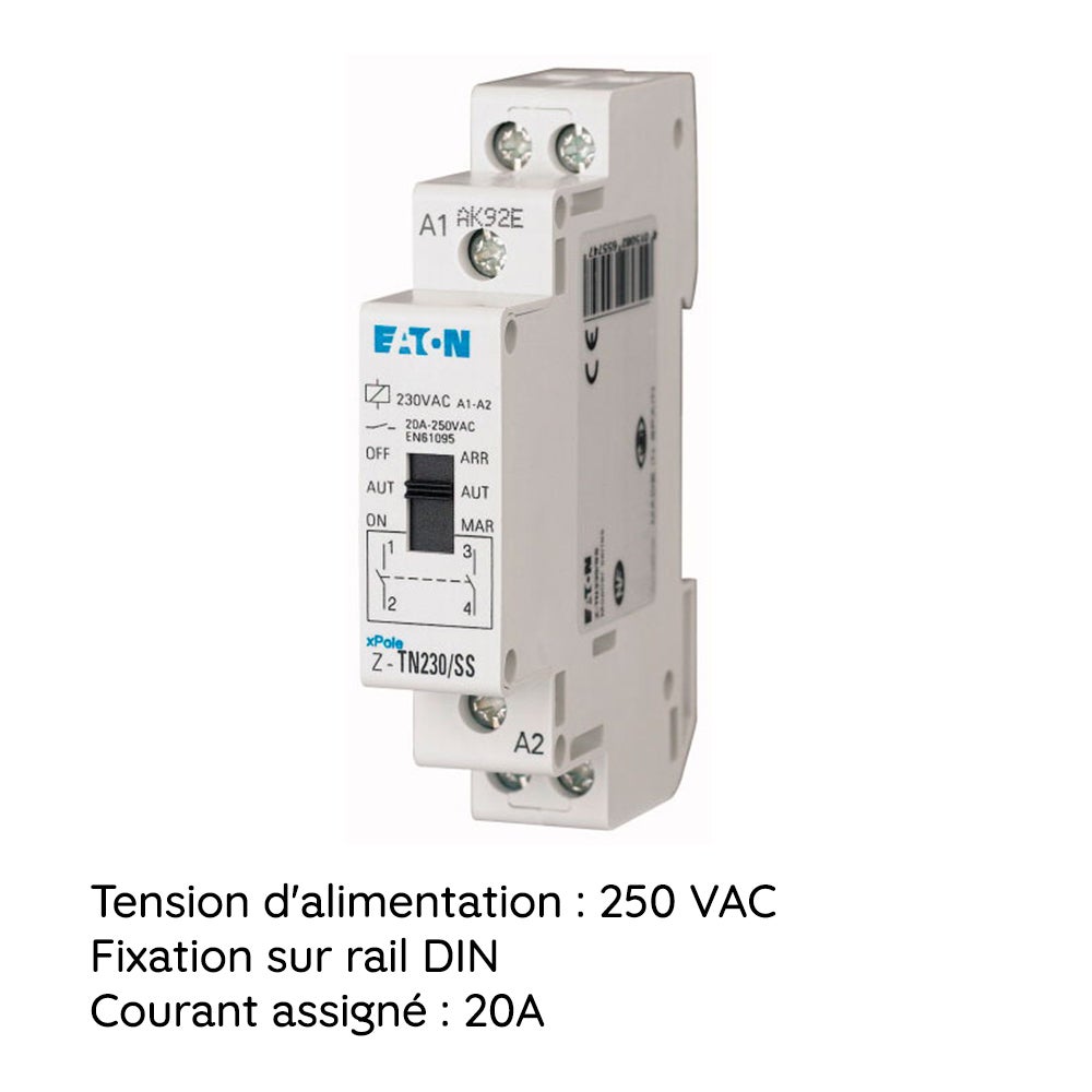 Contacteur jour/nuit Eaton, relais heures creuses 20A, tension 250 VAC, fixation rail DIN, conforme norme IEC/EN 60947 - 5