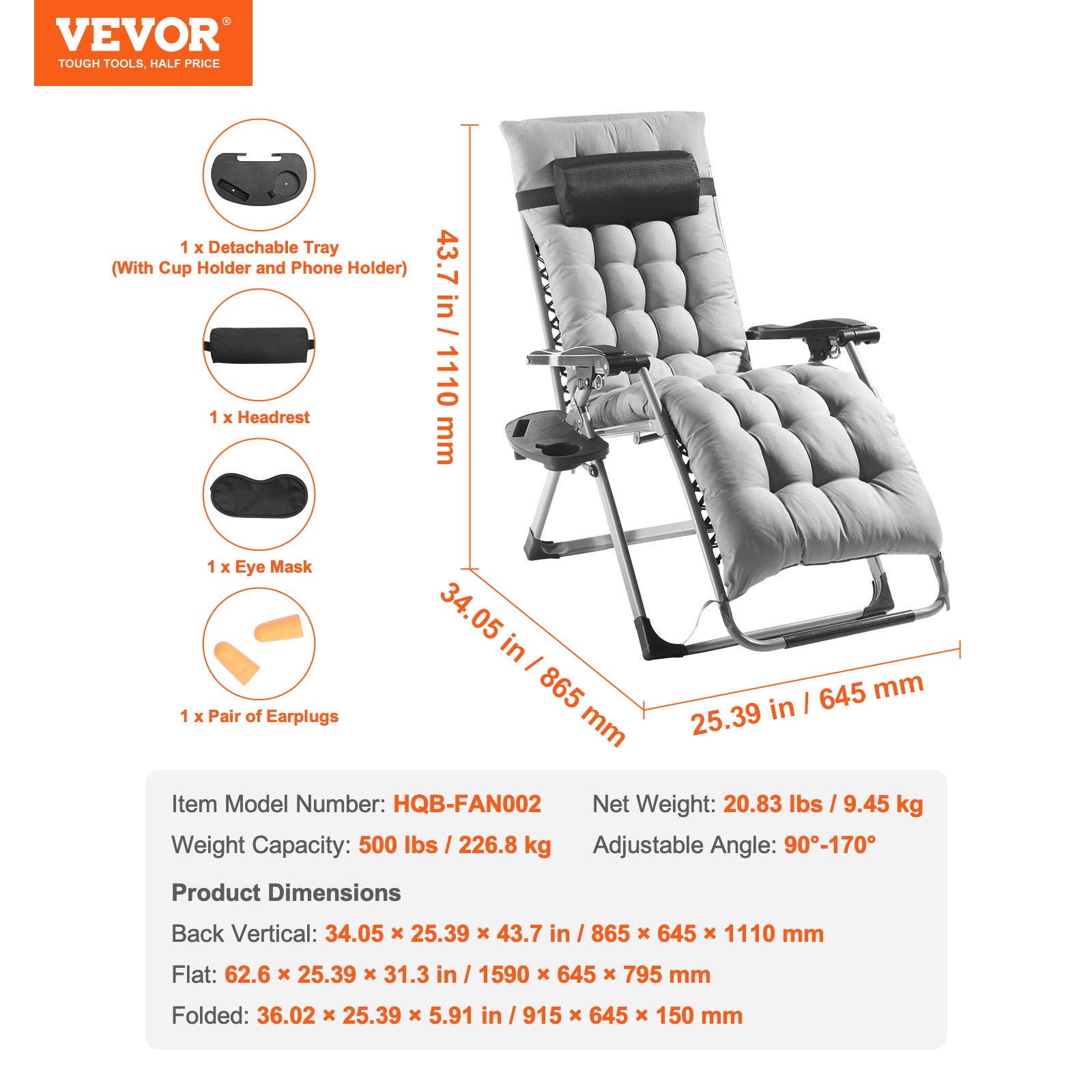 Fauteuil inclinable Zero Gravity,VEVOR 645 mm,inclinable,réglable,avec coussin de siège,appui-tête,repose-pieds,porte-gobelet,500 lb,gris - 7