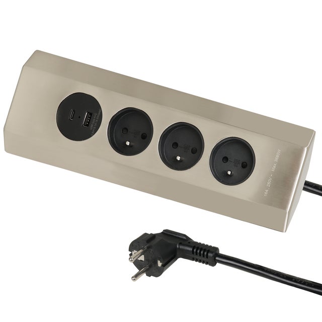 Electraline 35458 Bloc Multiprise cuisine d’Angle, 3 prises norme française 16A + 2 Port USB 1 type A et 1 type C, Câble 2M H05VV-F section 3G1.5 mm