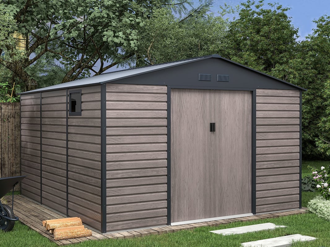 Metalowa wiata ogrodowa z ocynkowanej stali imitującej szare drewno 13,12 m² ADELMO