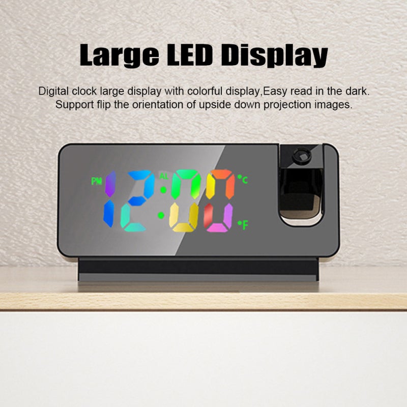 Réveil,Réveil à projection d'écran couleur rechargeable, rotation à 180°, noir - 2