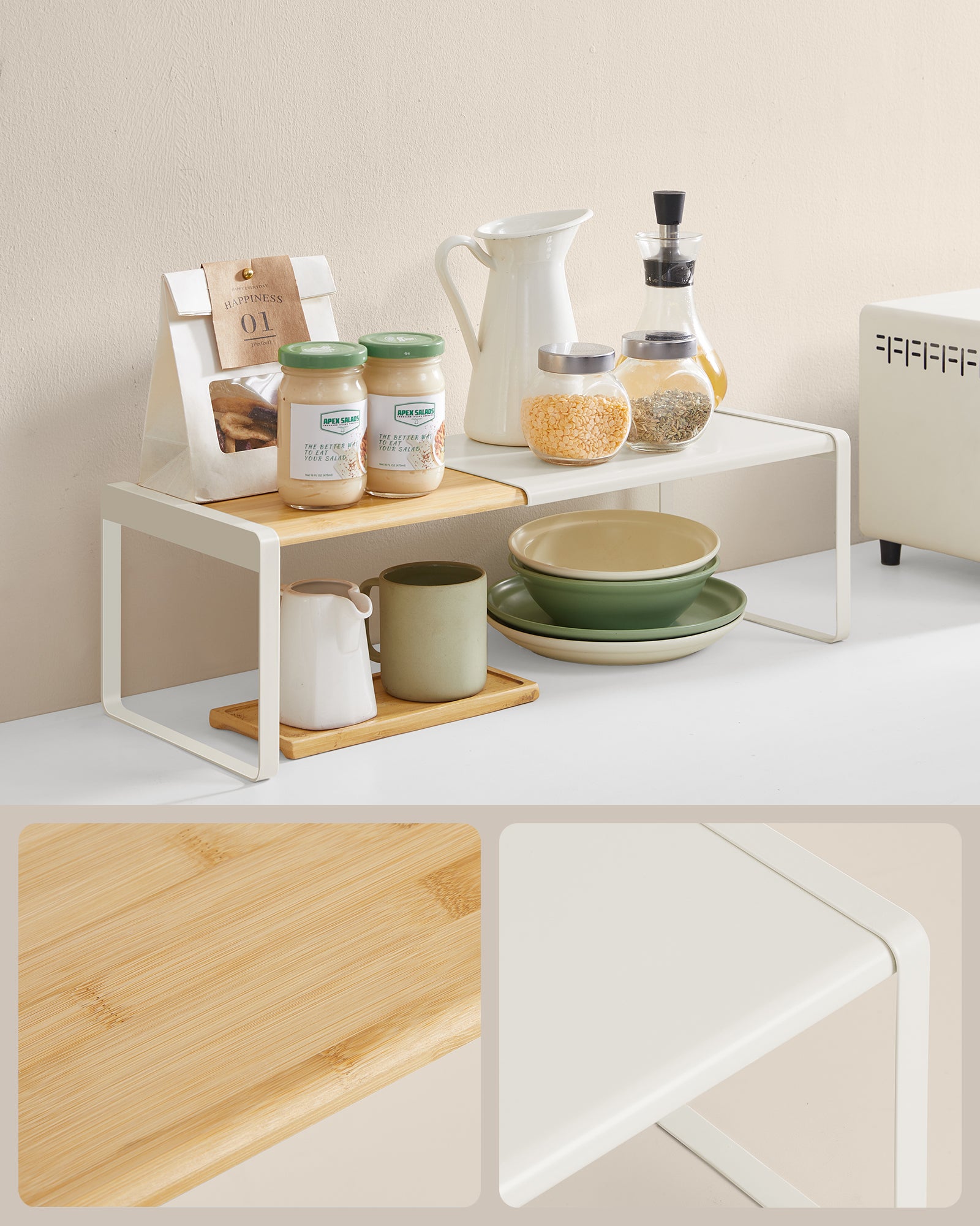 Estante organizador de cocina extensible, apilable, para armario o encimera, bambú claro y blanco - 4