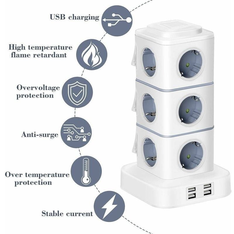 Multiprise 12 prises (2&nbsp;500 W/10 A) avec 4 ports USB, multiprise verticale avec parasurtenseur pour la maison et le bureau, rallonge de 3 m - 4