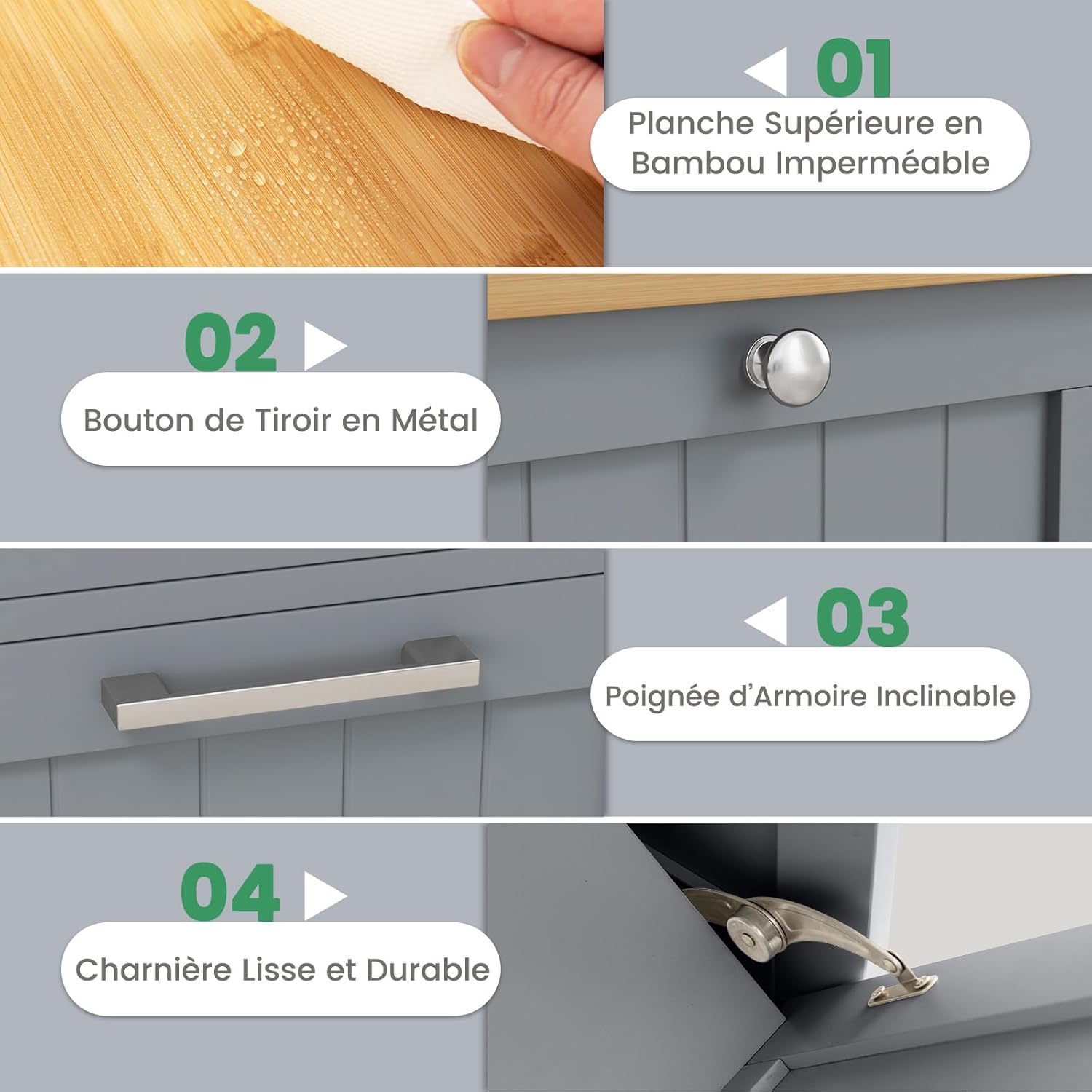 Meuble Salle de Bain avec Panier à Linge, avec Tiroir, Armoire Inclinable & Panier à Linge 38L avec Poignée Portable, 40x37x82 cm (Gris) - 5