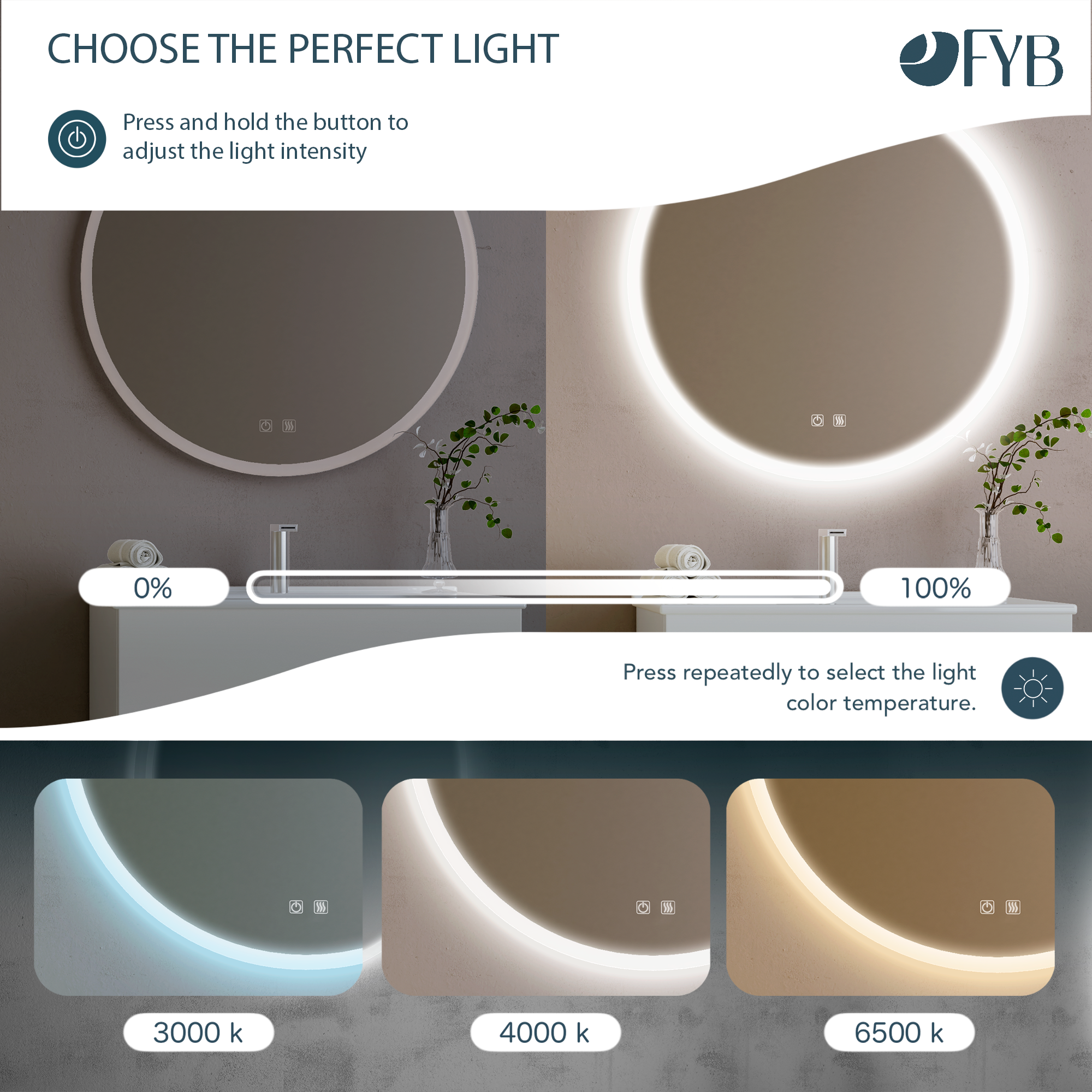 Miroir de Salle de Bains Rond LED Ø60 cm, Bluetooth, 3 Teintes ...