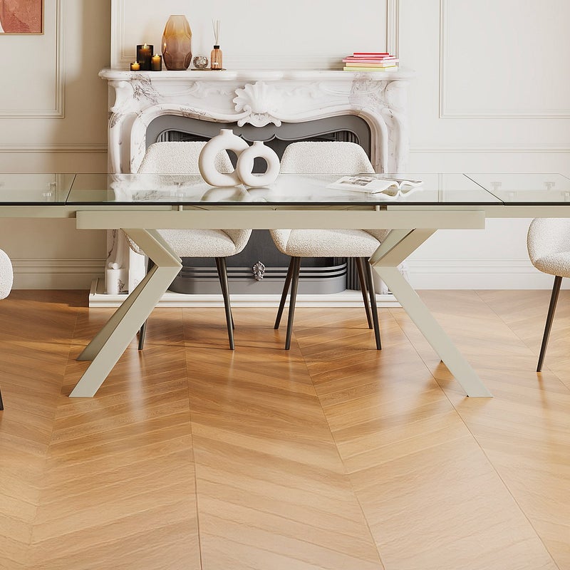 Rozkładany stół jadalniany dla 6-8 osób ze szkła hartowanego i beżowego metalu - Przezroczysty - VELIKA