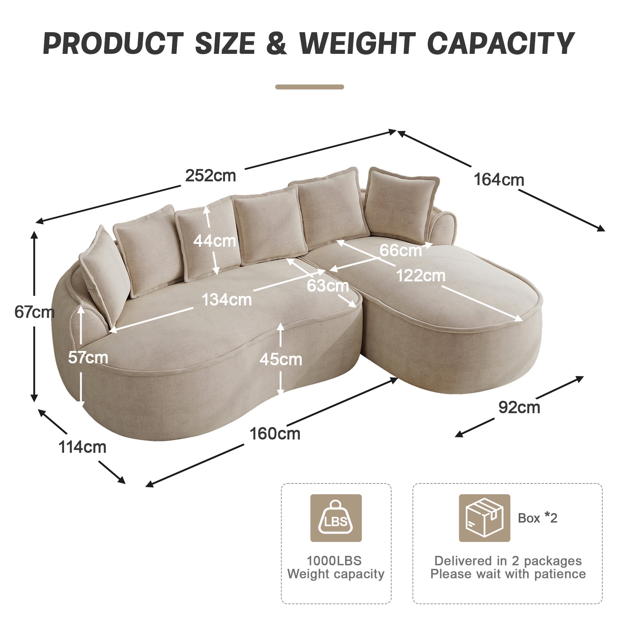 Canapé Modulaire d’Angle avec Méridienne Profonde et Accoudoirs Larges - Sans Cadre, Chenille Marron Clair - 5