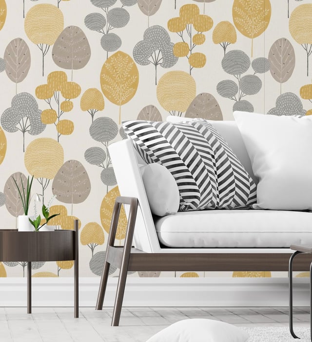 Papier peint lessivable arbres dans la fôret nordique gris et moutarde - Memorial Park 680924 de GAULAN - Rouleaux de 10 m x 0,53 m