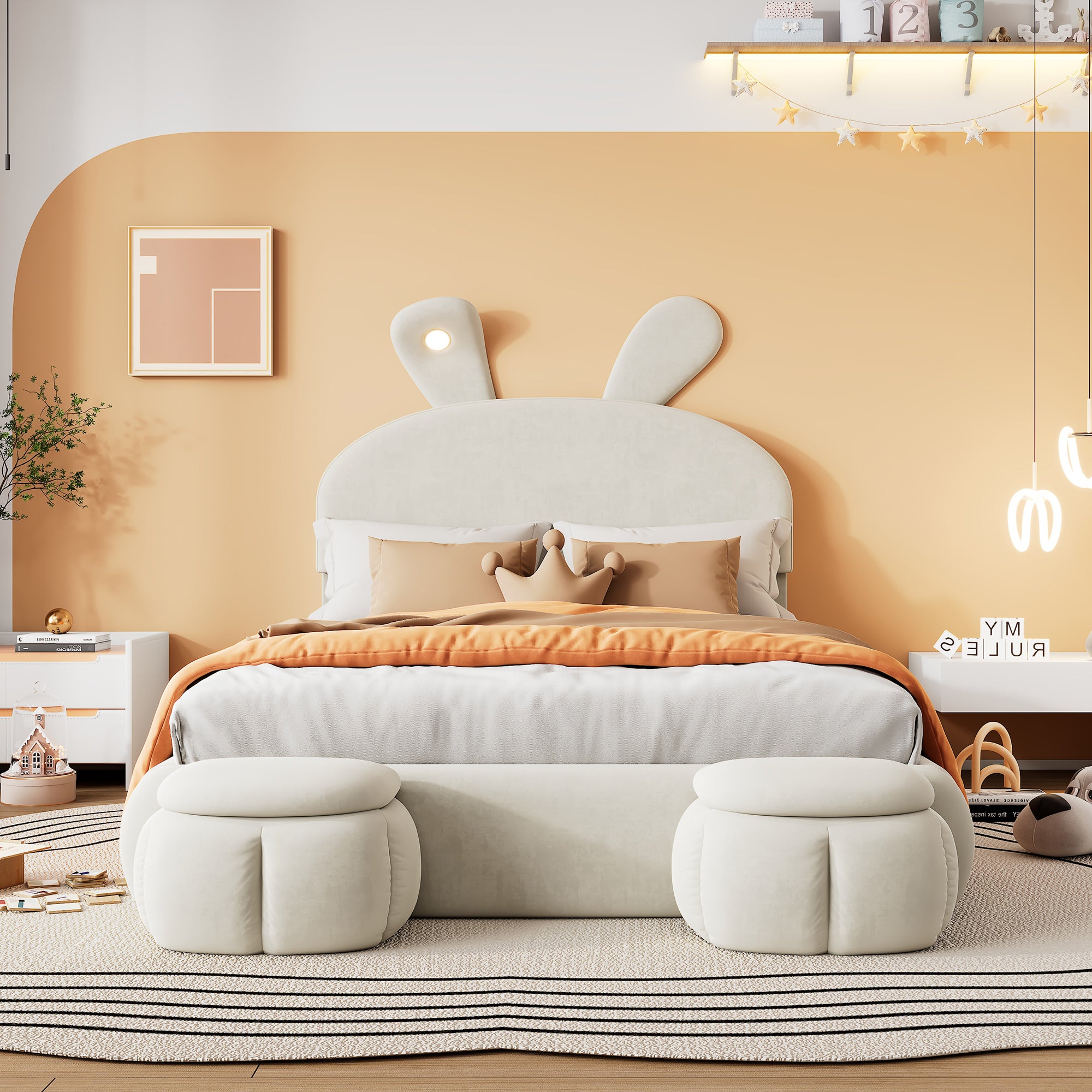 KOMHTOM Letto Singolo Imbottito Con Orecchie Da Coniglio E LED – 140x200 Con Due Sgabelli Contenitore (senza Materasso) Rosa