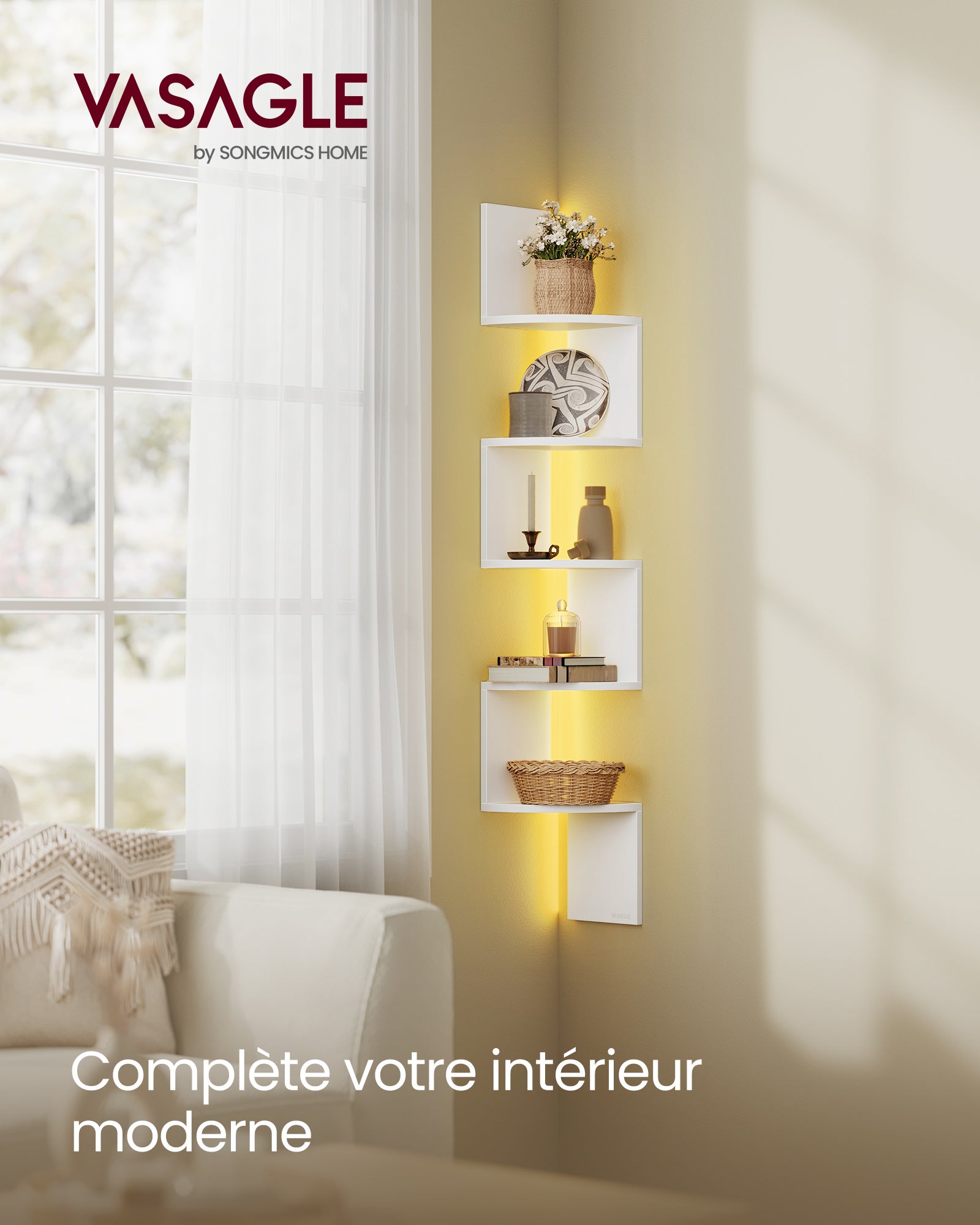 Étagère d’Angle Murale avec Éclairage LED, Bibliothèque Murale à 5 Niveaux, pour Chambre, Salon, Salle de Bain, avec Bouton, Télécommande, Blanc Mat - 2
