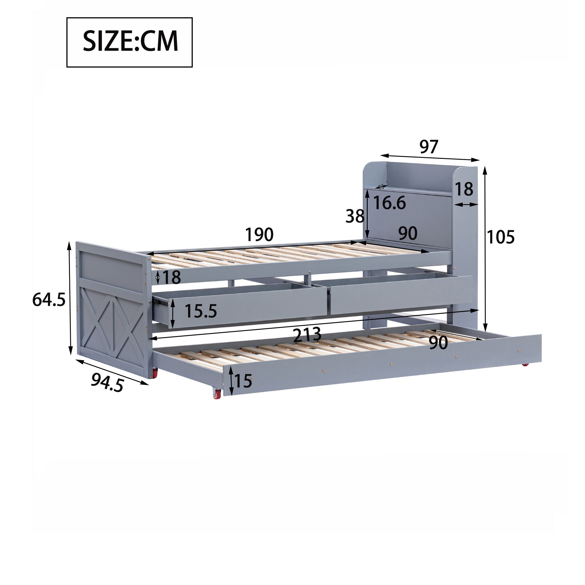 Letto estraibile 90x190 cm, testiera con contenitore, 2 cassetti, legno, grigio, senza materasso - 4
