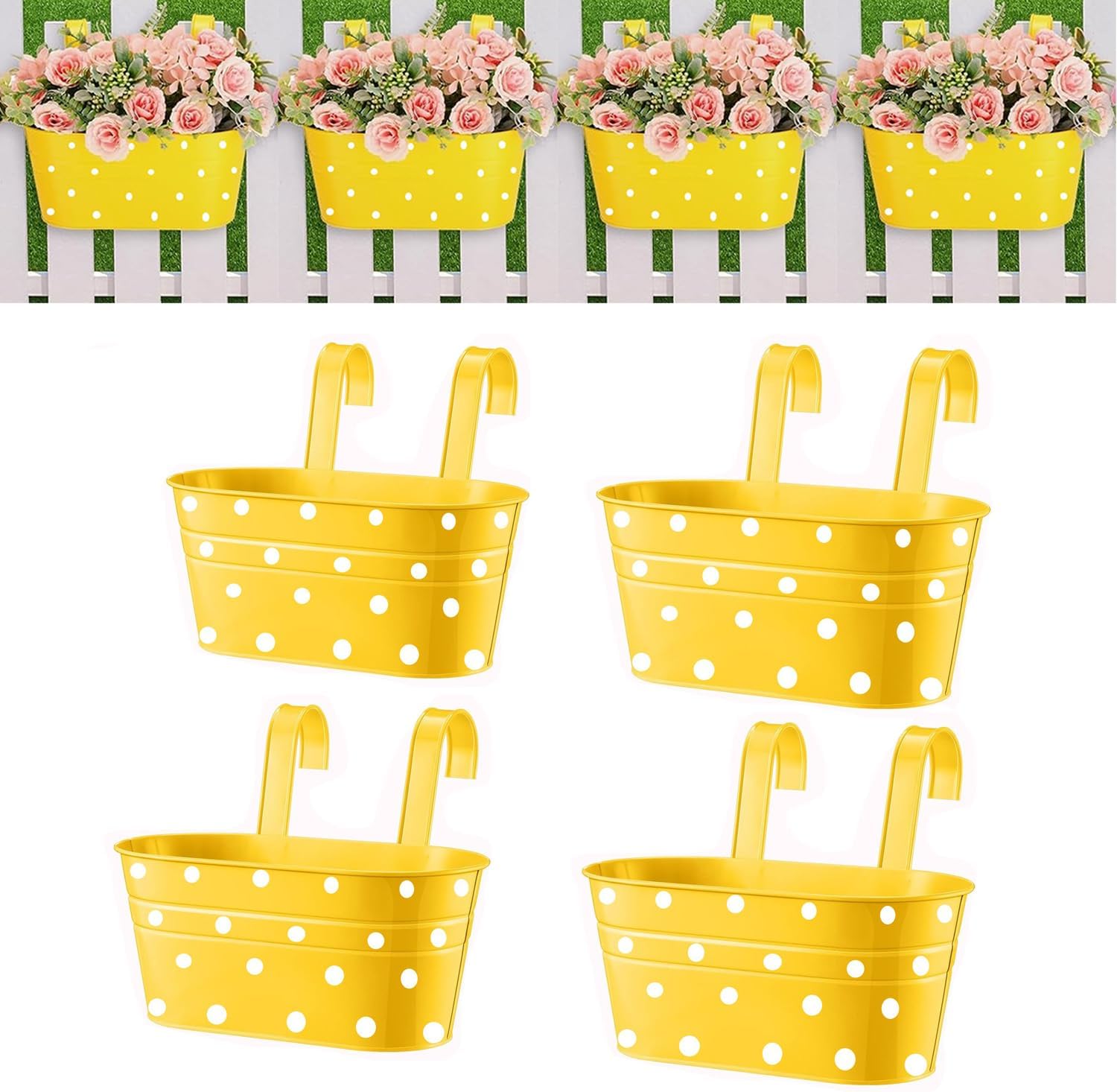 4 metalowe wiszące doniczki z otworem drenażowym - zdejmowane podwójne haki - do dekoracji balkonu ogrodowego - żółte