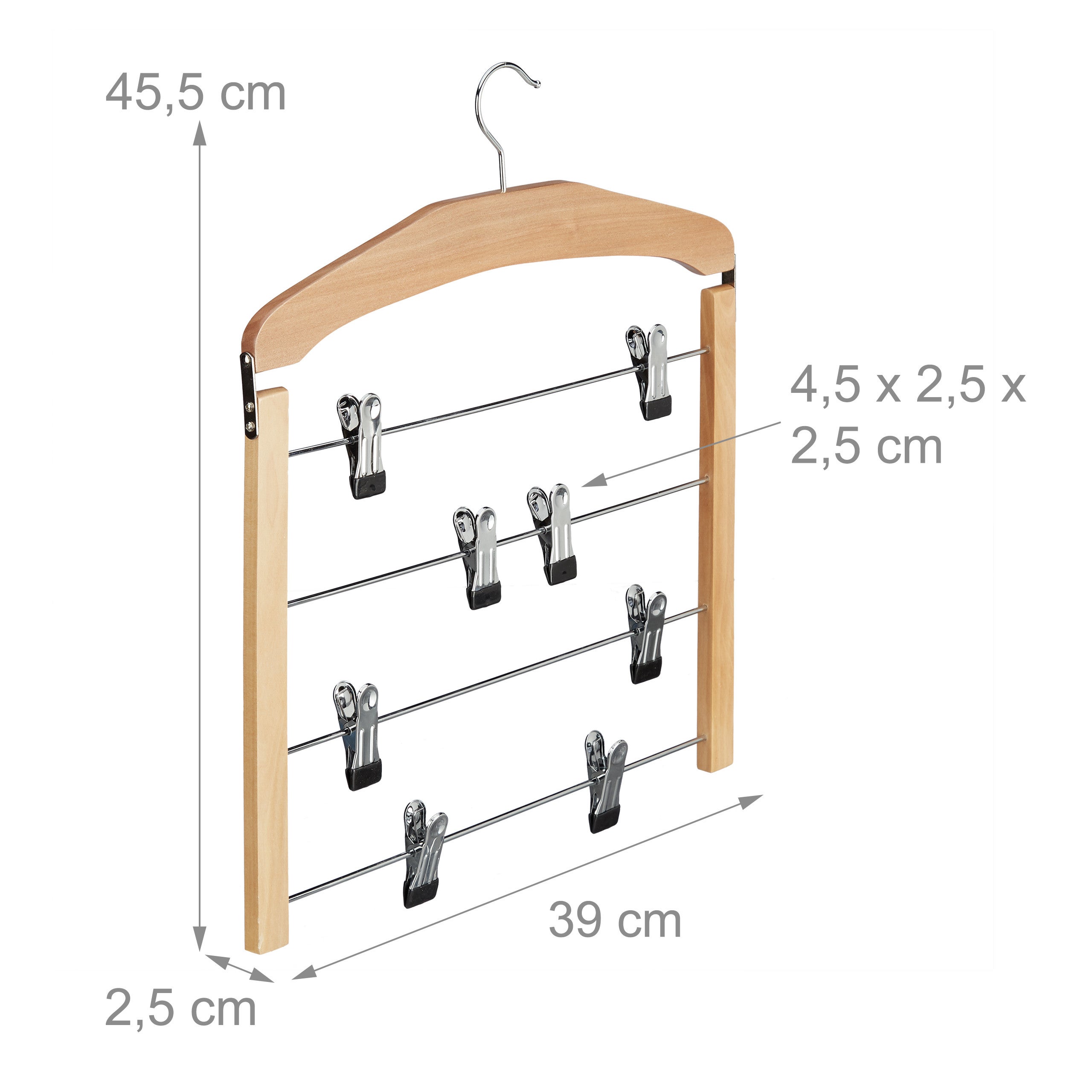 Cintre multiple bois crochet 360° pantalons lot de 3 antidérapant HxlxP: 45,5 x 39 x 2,5 cm, argenté nature, Relaxdays - 4