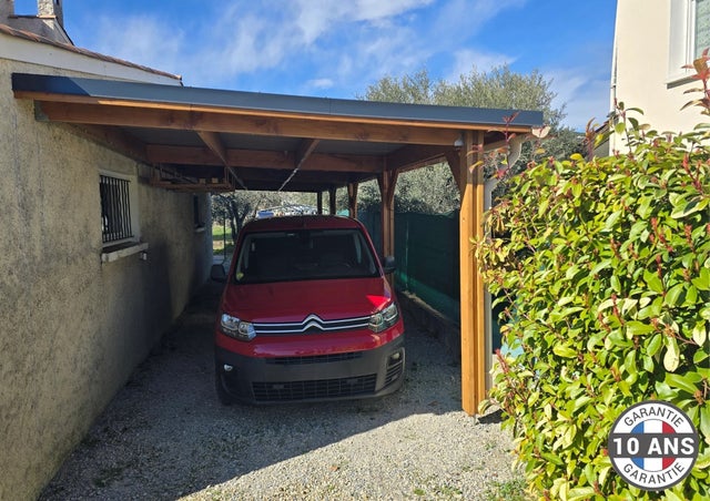 Carport adossé toit plat 400cmx1250cm, bois DOUGLAS Français (Charpente en bois-auvent-abri voiture) 50 m². Garantie 10 ans