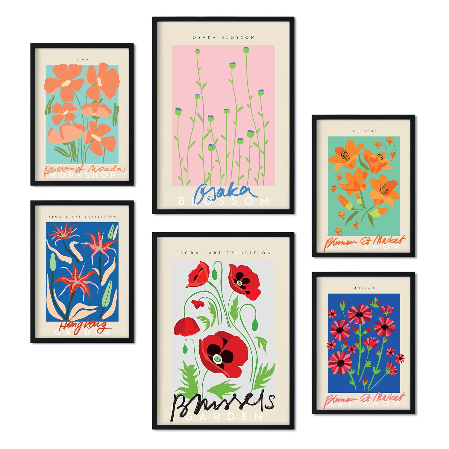 Set de 6 pósteres de flores de primavera. coleccion de láminas con estetica collage para la tamanos a3 y a4 sin marco