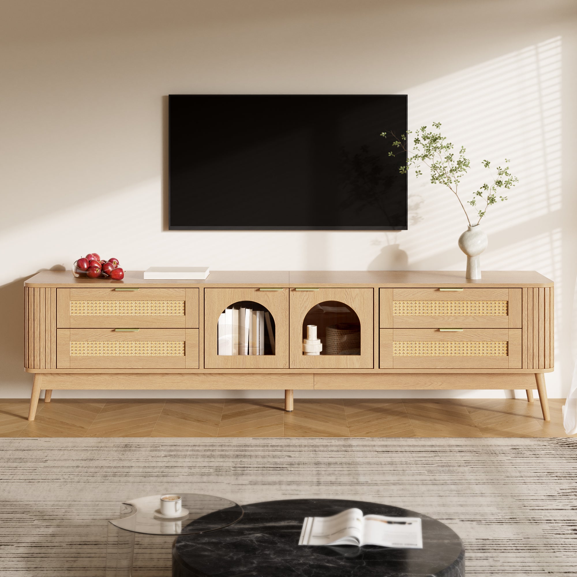 Meuble TV portes verre trempé bombé, LED app, pieds bois massif | Leroy ...