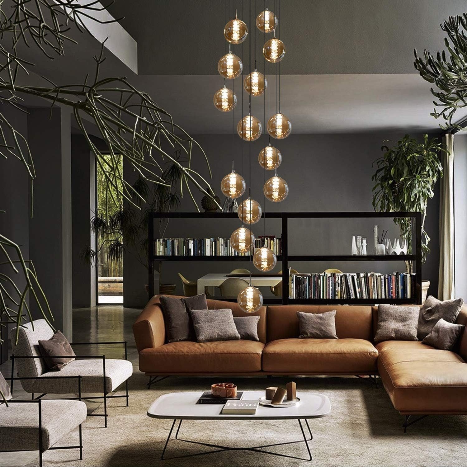 NETTLIFE Suspension Verre Ambre Moderne Diam.41cm G9 Escalier Hauteur Réglable Lustre 15 Ampoules Cuisine Couloir Lampe pour Salon - 7