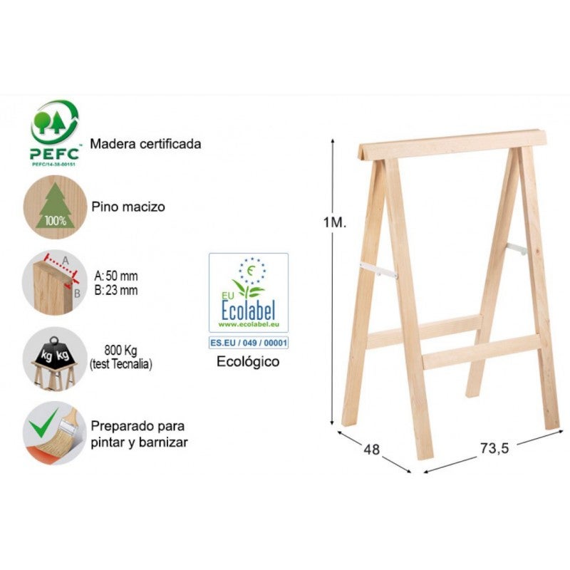 Cavalletto pieghevole in legno per lavorazione del legno e fai da te 74x73,5 cm | Cavalletto per montaggio assi e taglio legno - 3