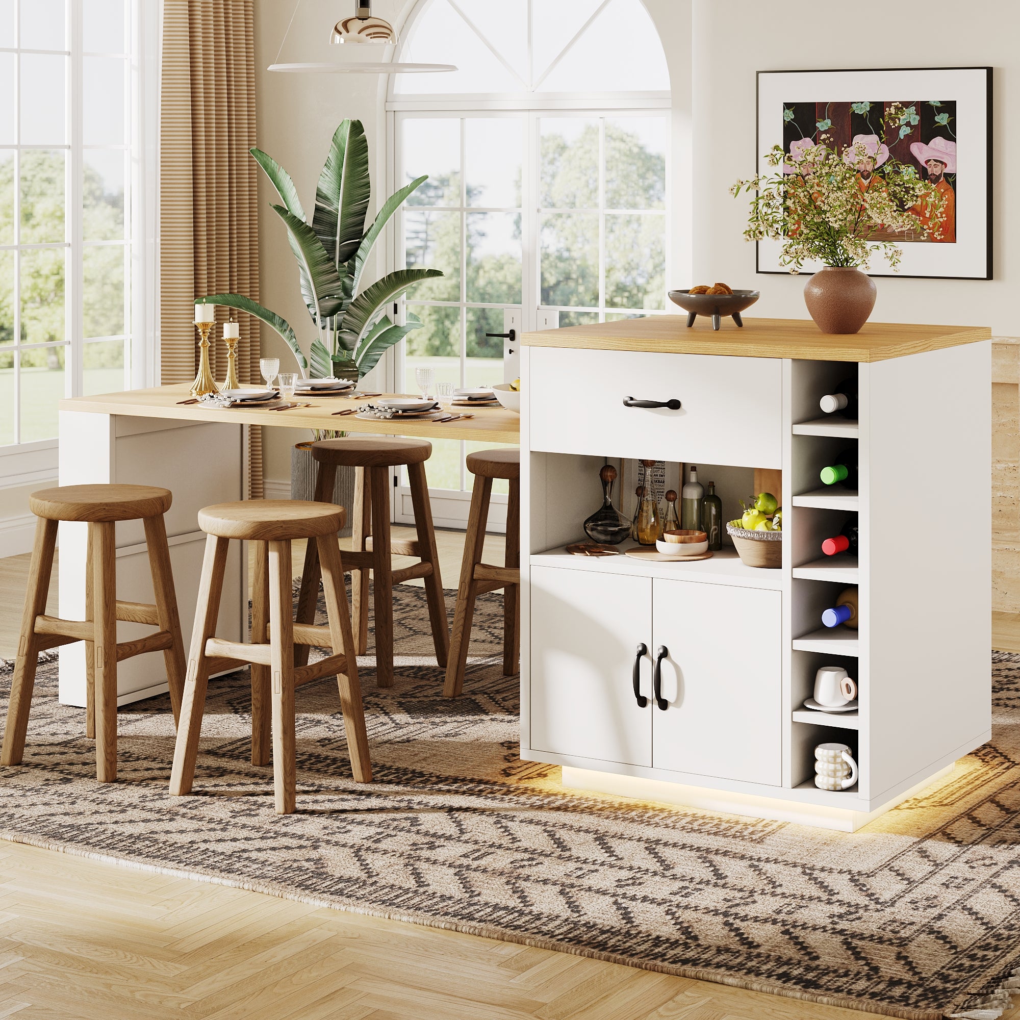 Îlot de cuisine avec lumière LED,Bar de cuisine moderne avec 2 tiroirs et 4 portes,Îlot de cuisine fixe avec table à manger gigogne,Blanc - 2