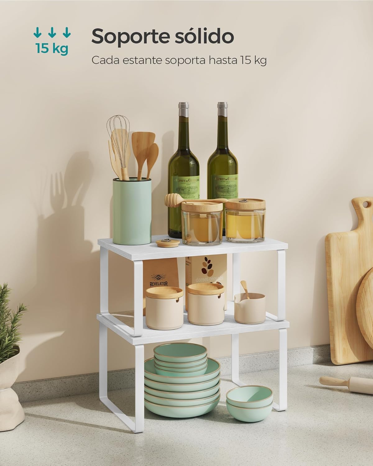 Juego de 4 Estantes de Cocina, para Almacenamiento, Apilables, Expandibles, Metal y Madera de Ingeniería, Blanco Nube y Blanco Nieve - 4