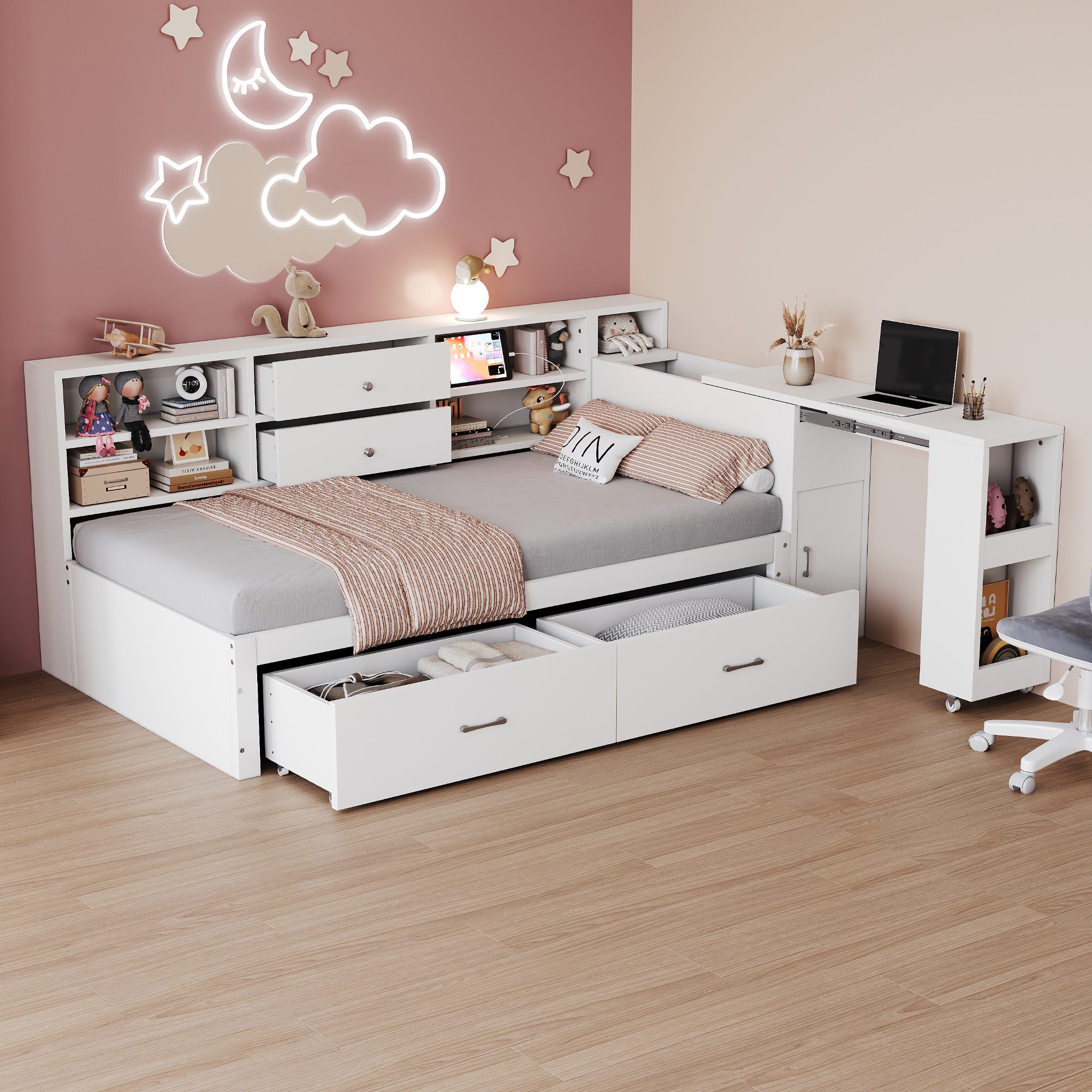 Letto A Soppalco Con Armadio E Mensola, 90 X 200 Cm, Letto Per Bambini Con Rete A Doghe Bianco Letto A Soppalco Con Armadio E Mensola, 90 X 200 Cm, Letto Per Bambini Con Rete A Doghe Bianco