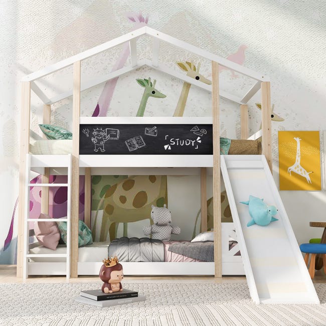 Lit cabane enfant 90x200 cm naturel et blanc avec toboggan, echelle et 2 sommiers, sans matelas | Leroy Merlin