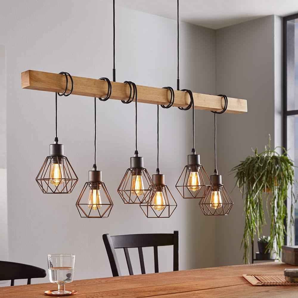 Suspension luminaire , lustre à 3 lampes, abat-jour suspendus au design vintage et industriel, éclairage rétro en acier noir et bois, douille E27 - 3