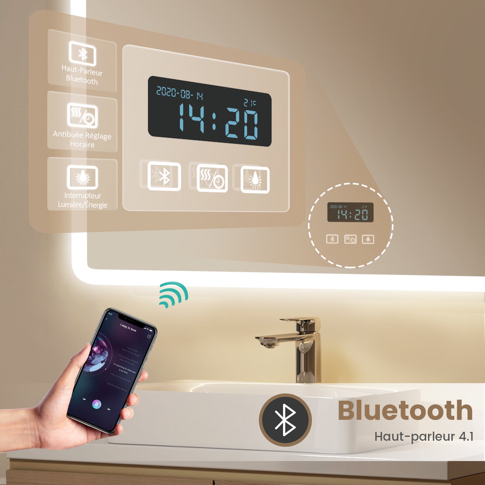 EMKE Miroir de salle de bain LED 100 x 60 cm - Bluetooth, Antibuée, 3 couleurs de lumière, intensité réglable, Grossissant 3x - 2