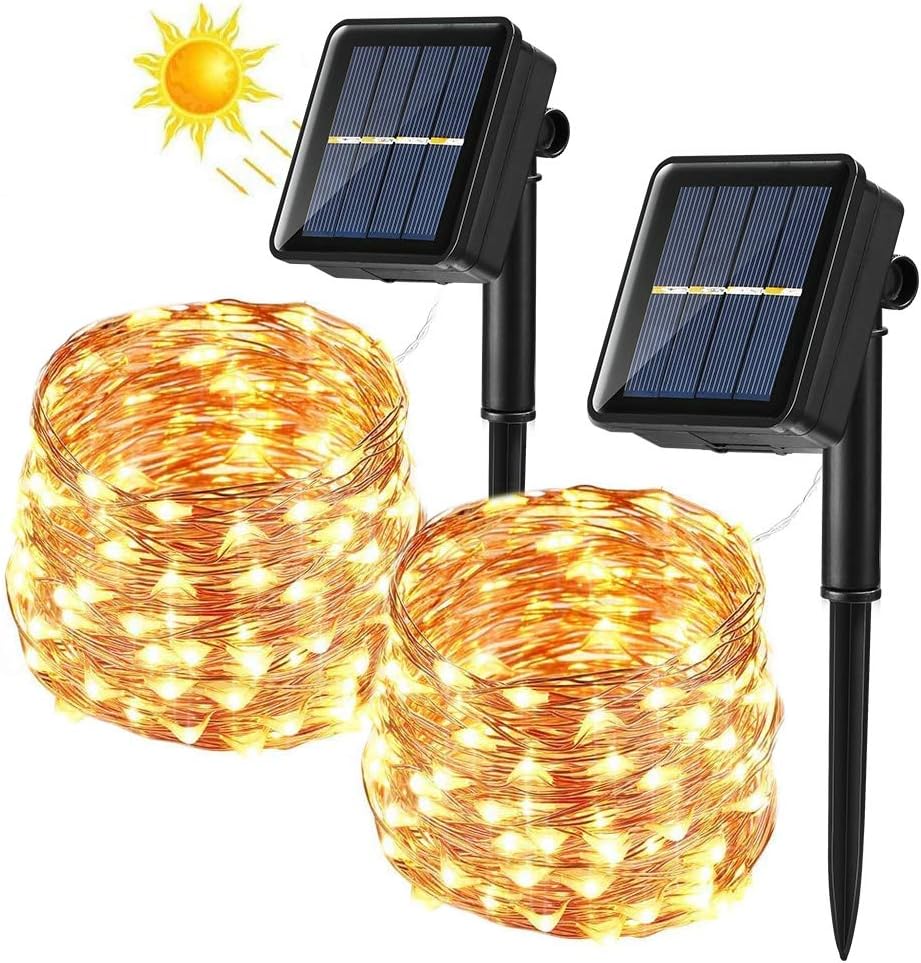 [2 sztuki] 12M 100 LED zewnętrzna lampka sznurkowa z drutu miedzianego, solarna lampka sznurkowa, ciepła biel, wodoodporna, 8 trybów