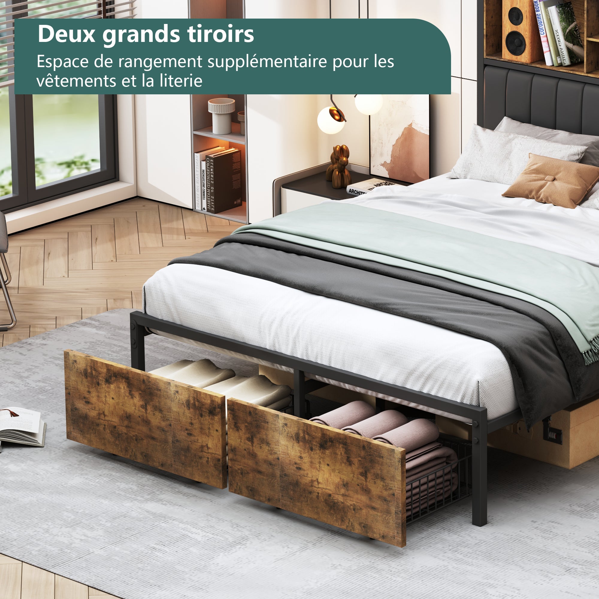 Lit double 160x200 cm avec LED, cadre métal, 2 tiroirs, tête avec rangement, sommier lattes - 3