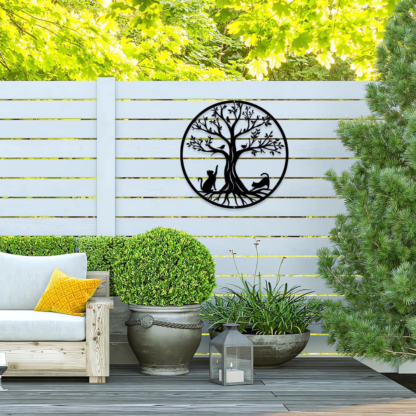 Arbre de vie en métal -Décoration Murale en Métal avec des Chats,Noir Tenture Décor Silhouette Mur Art pour Cadeau Intérieur Cadeau Extérieur Jardin - 5