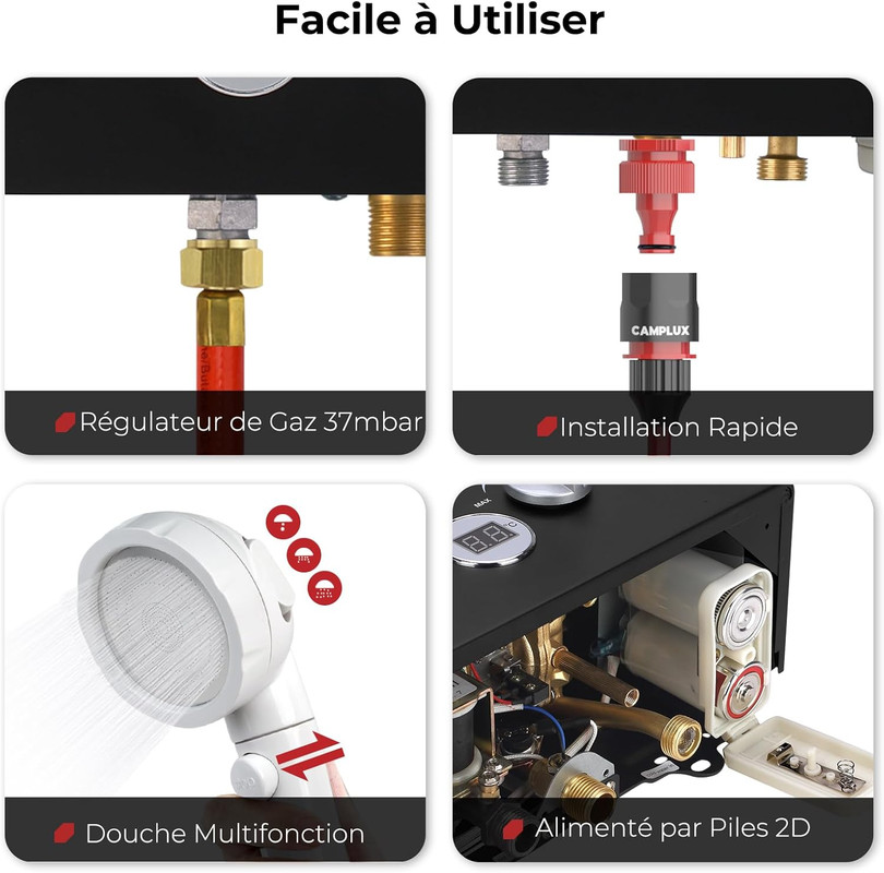CAMPLUX BW158BC Chauffe-eau à Gaz de 6L/min Avec Housse de pluie, Chauffe-eau instantanés Noir 11KW au gaz propane/butane 30/37mbar - 4