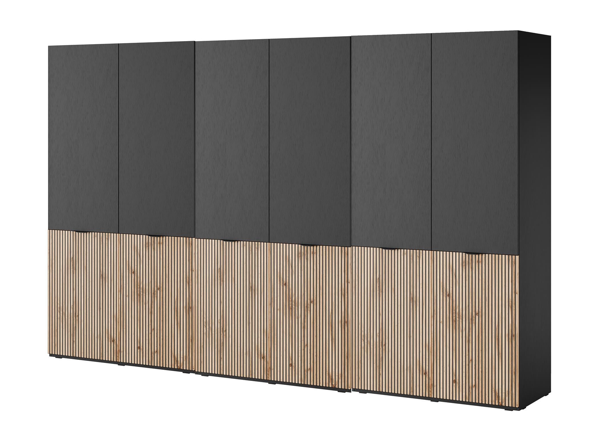 Zestaw 3 szaf modułowych SANDBOX 3X SENTINO – 18 półek, 6 drążków, elegancki czarny grafit + dąb wotan