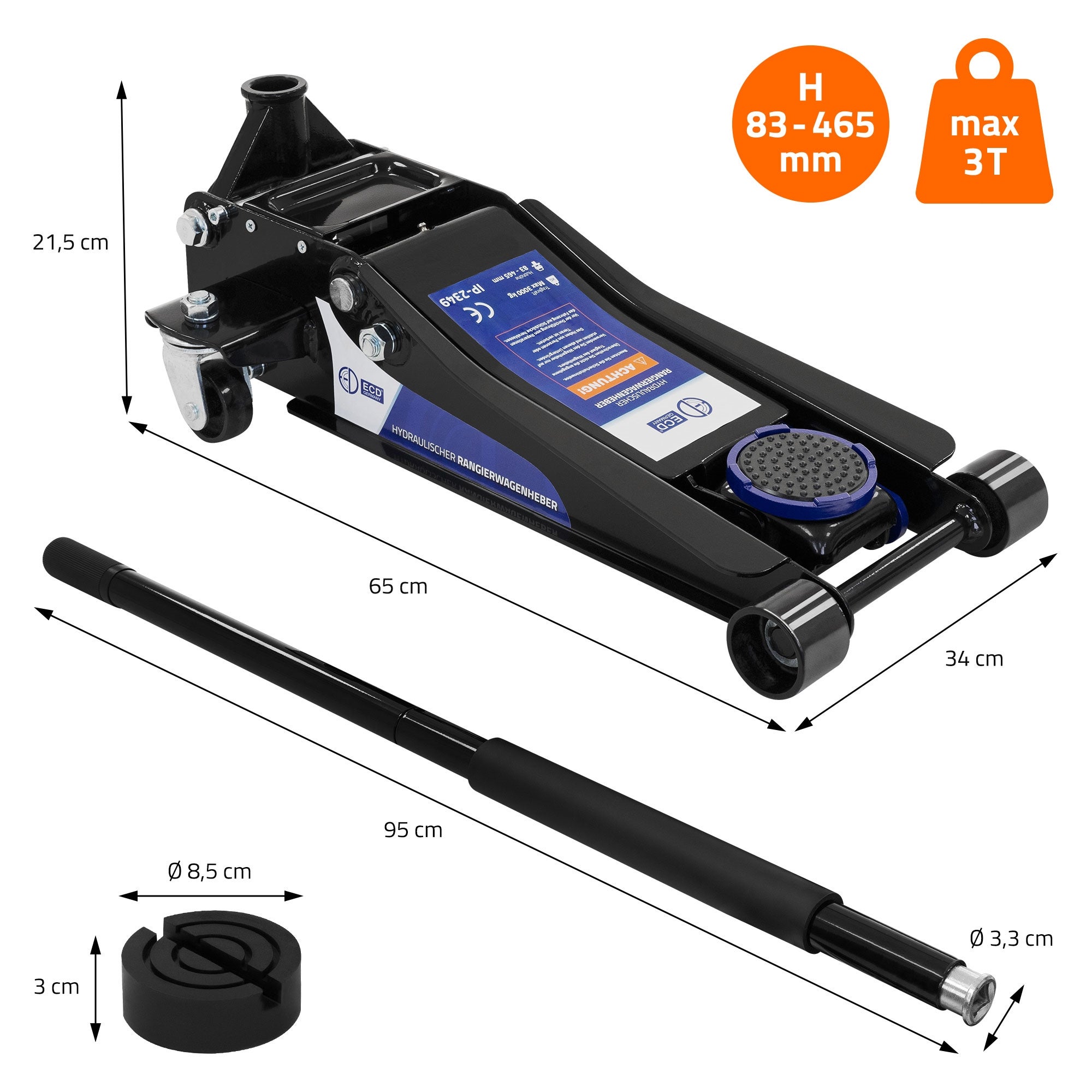 ECD Germany Macaco hidráulico para automóveis 3T com altura de elevação de 83-465 mm com 2 almofadas de borracha e alavanca longa com roletes de 360° - 6