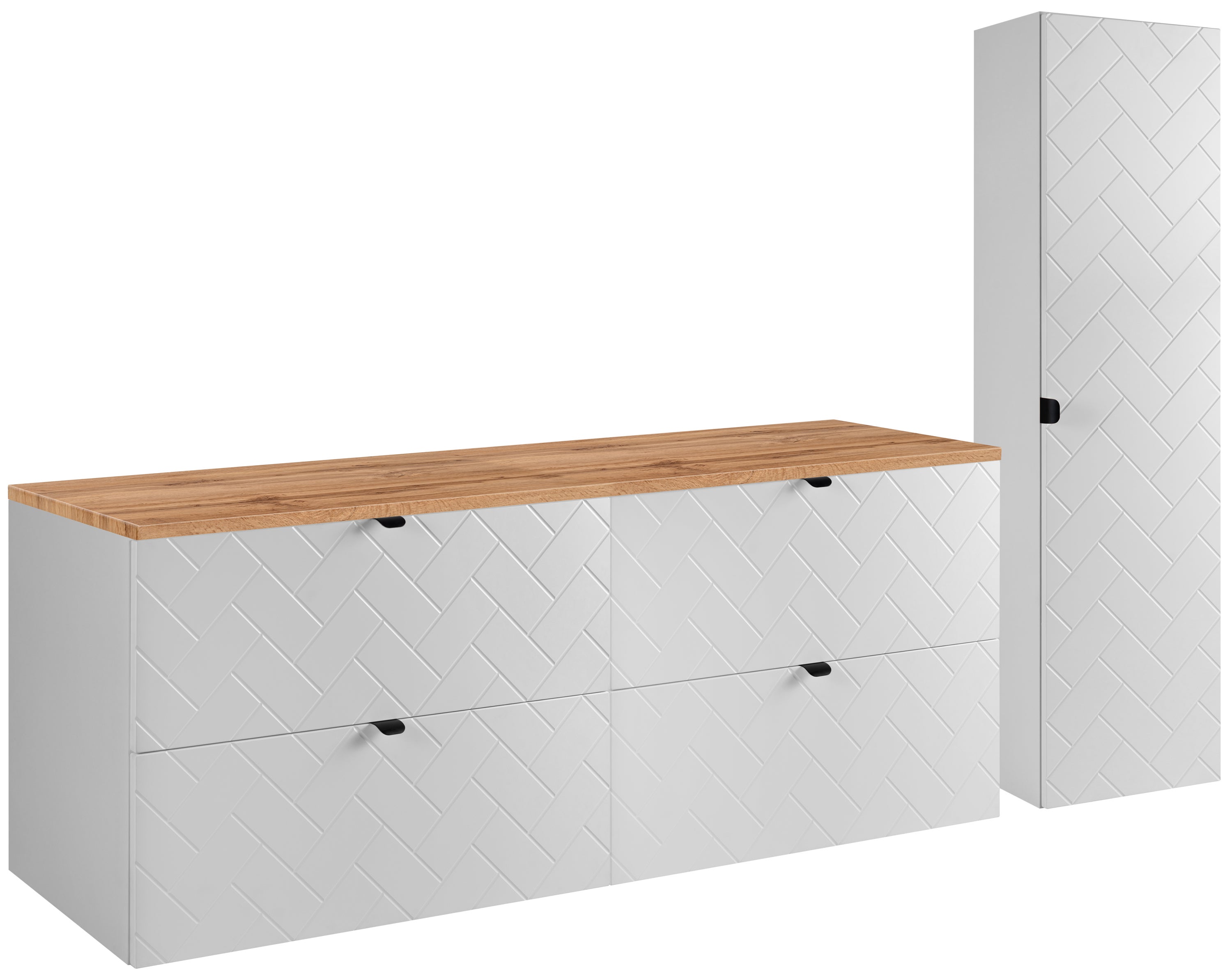 Biały zestaw mebli łazienkowych MADIS 160 cm z blatem dąb wotan i słupkiem, ryflowane fronty