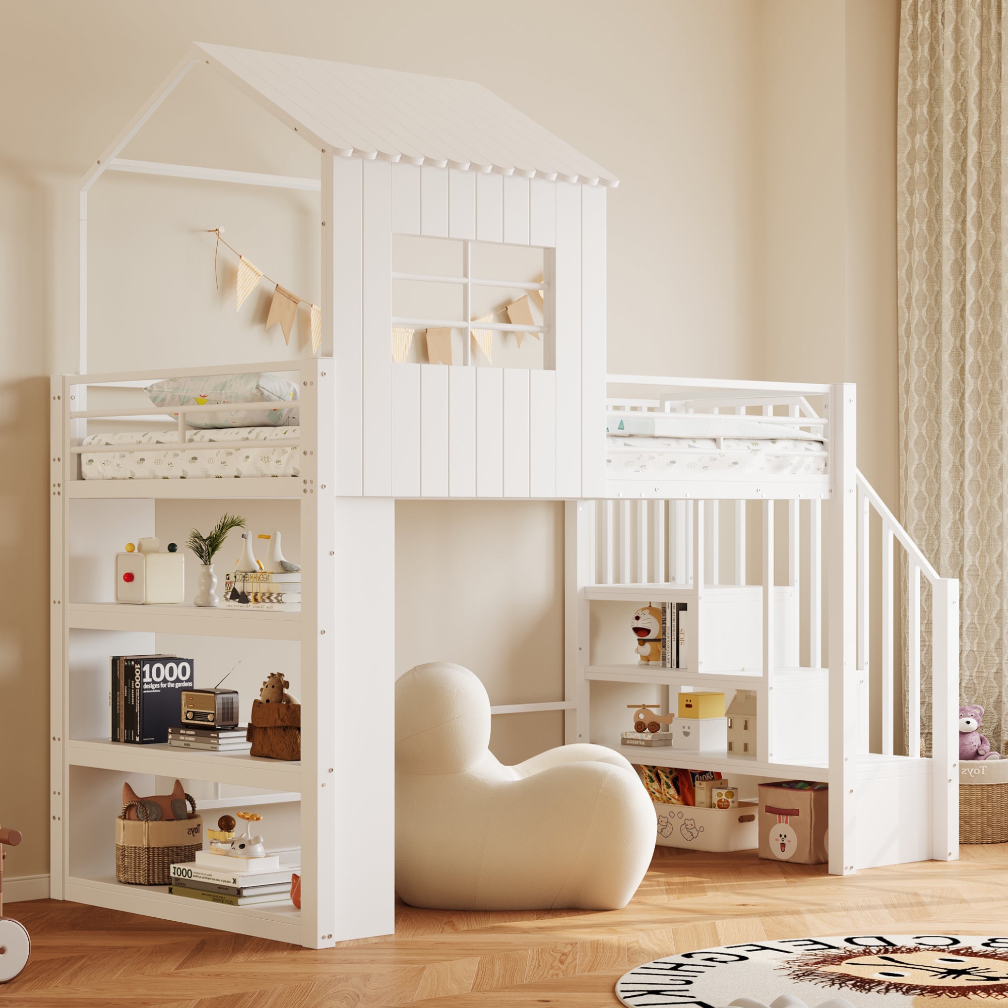 Żelazne Łóżko Piętrowe 90x200 cm Projekt Domku, Wysoka Barierka Ochronna, Wielopoziomowy Regał Magazynowy, Białe