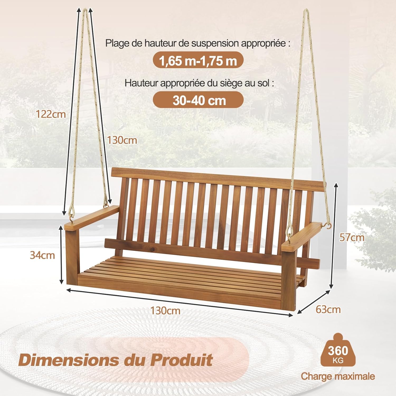 Balançoire de Porche Suspendue pour 2 Personnes, Banc de Balançoire d'Extérieur en Bois Massif avec 2 Cordes de 252 CM, Charge 360 KG - 8