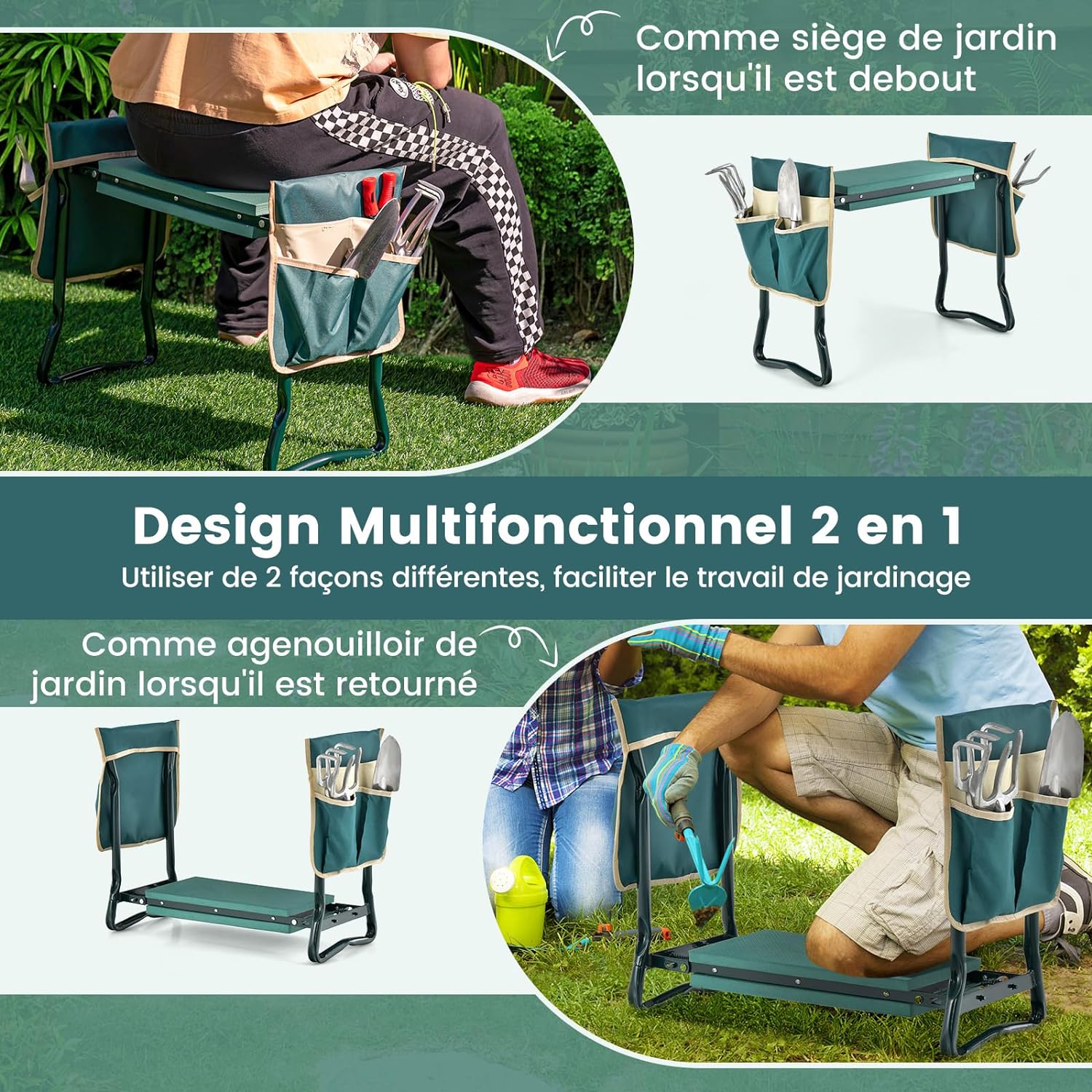Tabouret de Jardinage Pliable avec Coussin EVA, Genouillère de Jardin, Cadre en Métal avec 2 Grande Pochette à Outils Charge 150KG - 8