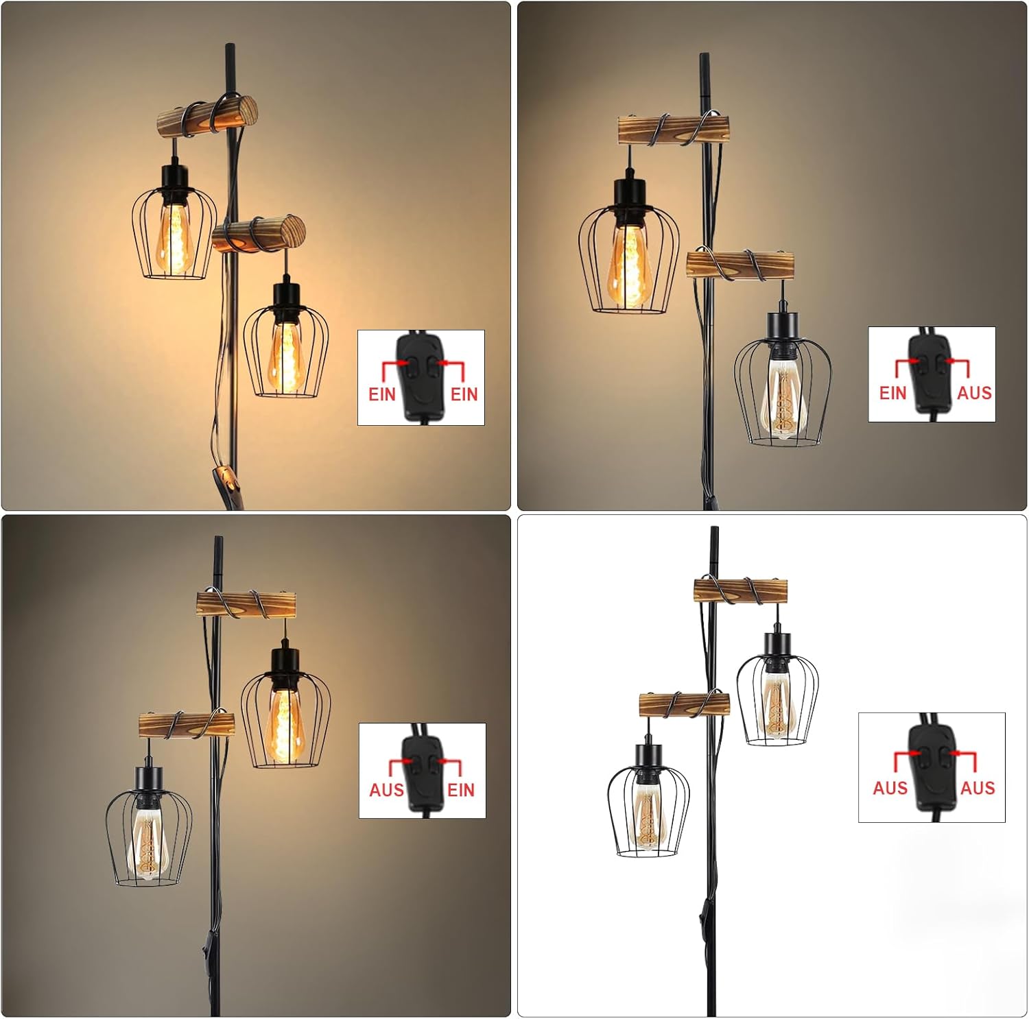 Nettlife Lampadaire en bois pour salon, noir - Lampadaire en métal au design industriel vintage avec 2 lumières, douille E27, (ampoules non incluses) - 4