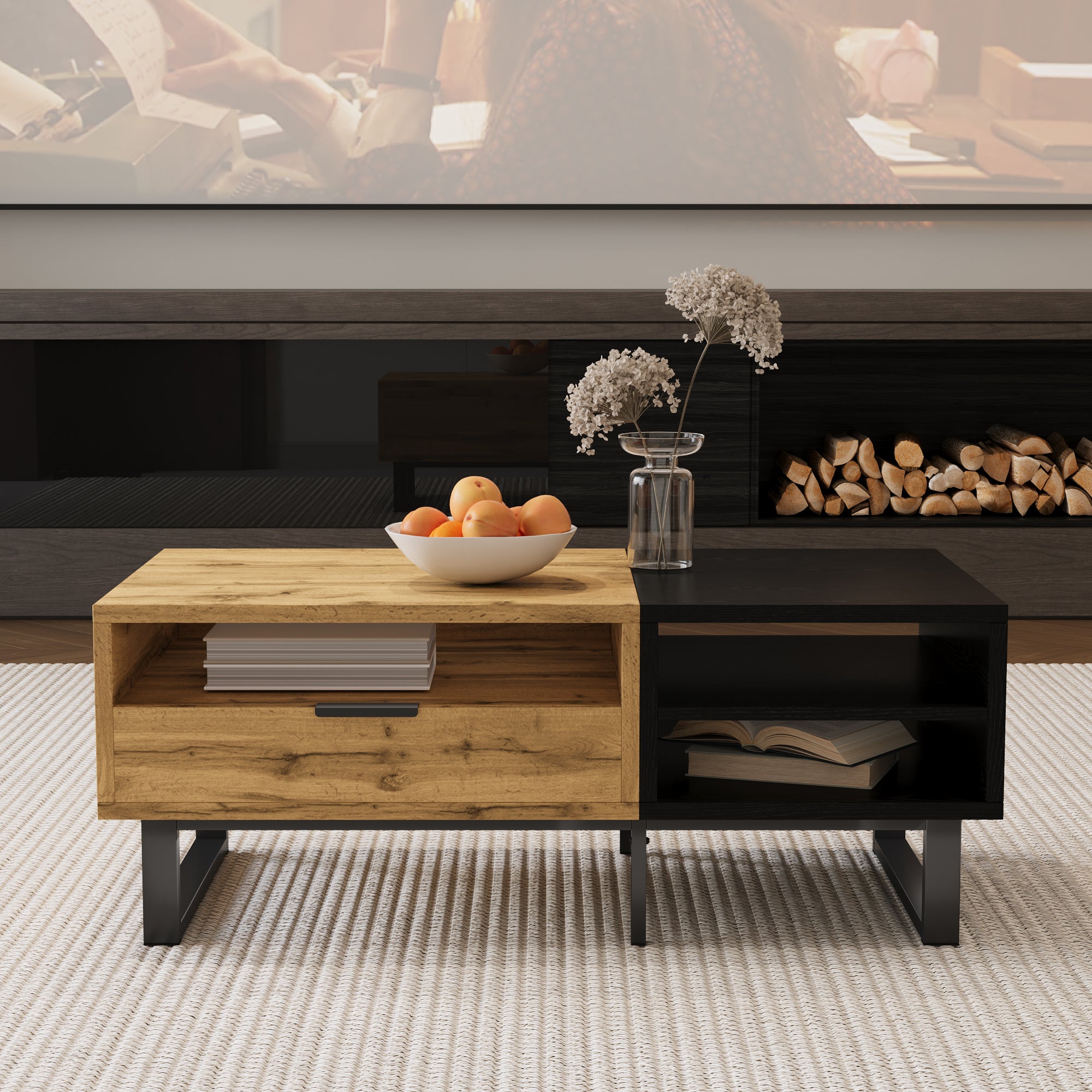 Table basse, table de salon avec structure color block, avec compartiments et tiroirs, pieds en métal. - 8