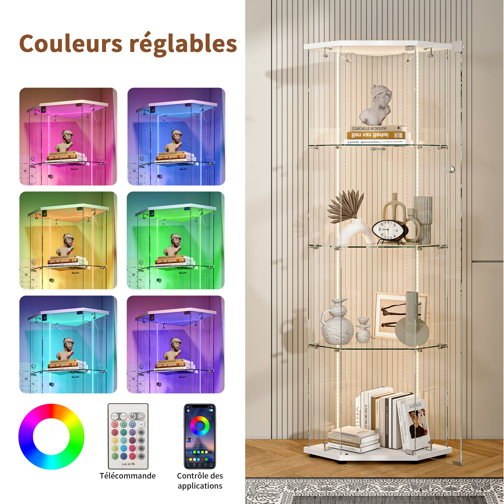 Vitrine pour collection, Vitrine en Verre, Transparent LED Vitrine en verre 4 Couches avec 1 Porte, pour salon et chambre à coucher,cinq angles - 8