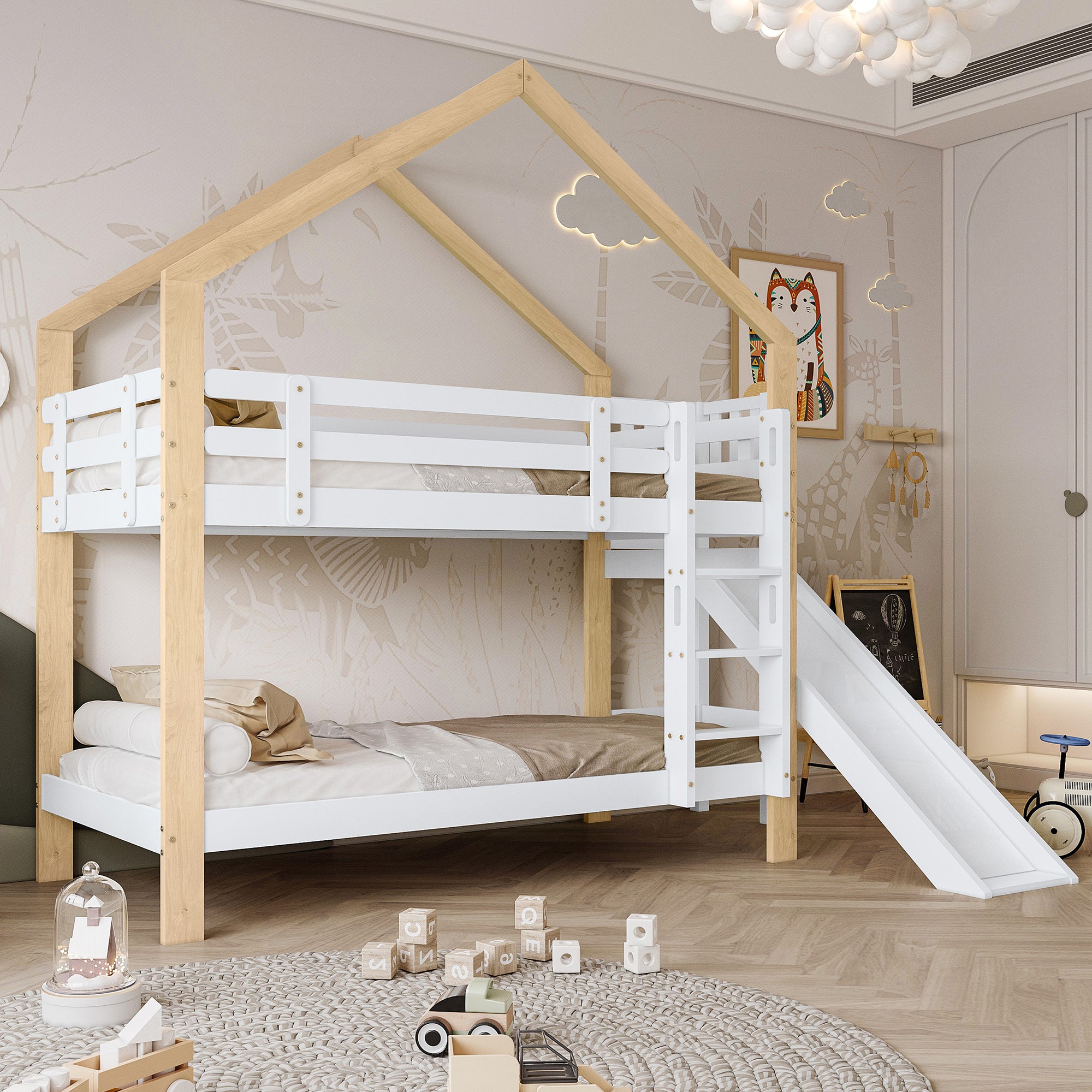 Lit superposé 90x200 cm - Lit cabane Enfant avec toboggan et échelle