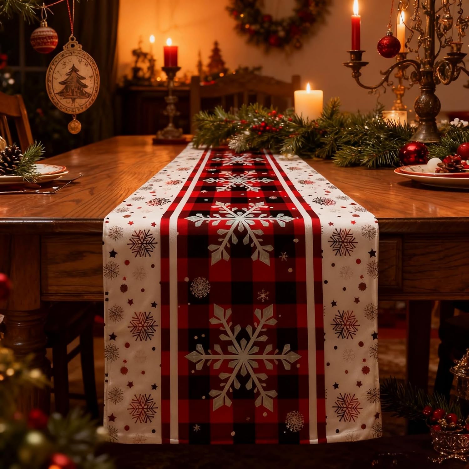 Runner da tavola natalizio rosso, 33 x 120 cm, misto lino e cotone, motivo a fiocco di neve – rosso - 5