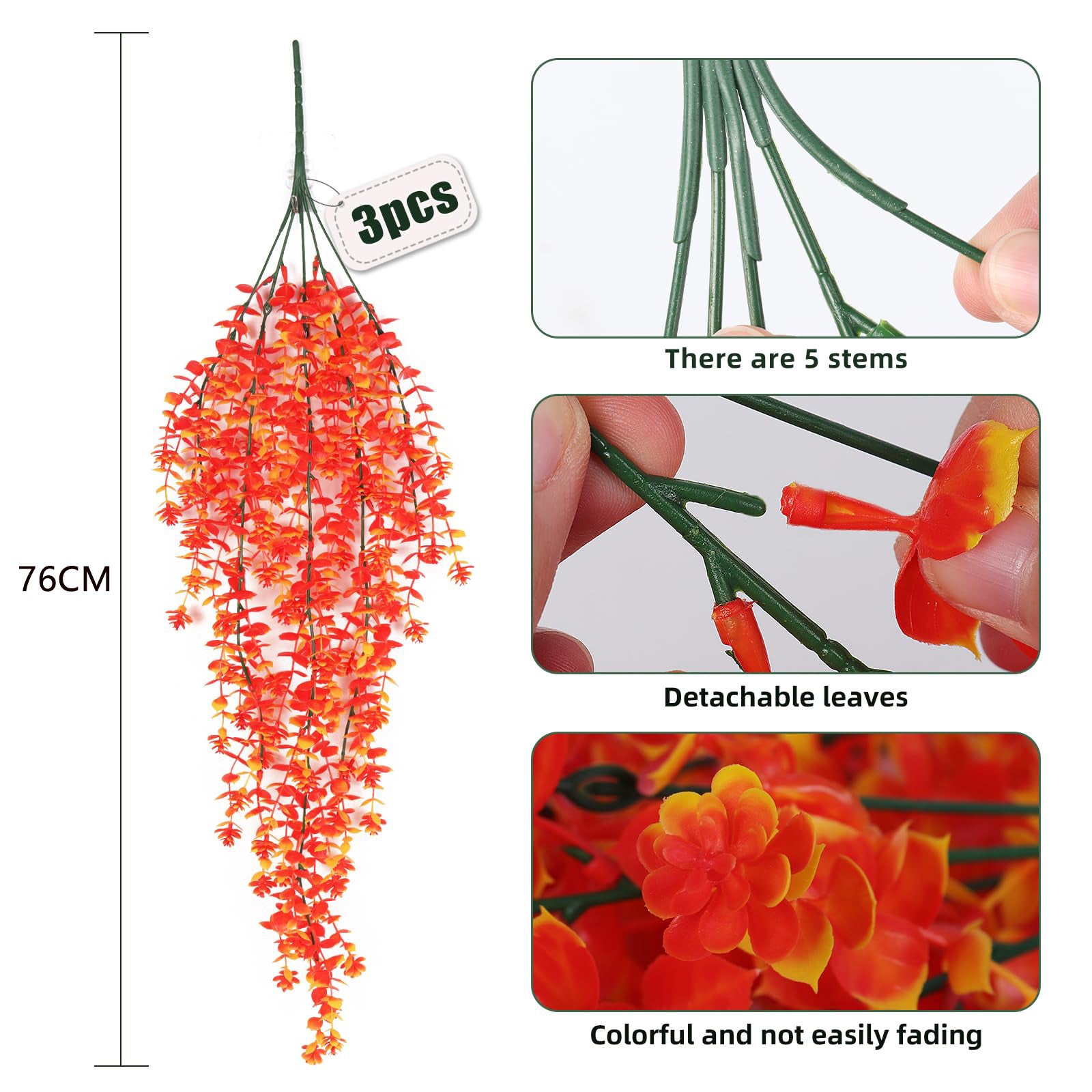 Juego de 3 flores artificiales, plantas artificiales colgantes, resistentes a los rayos UV, adecuadas para decoración del hogar y bodas. - 2